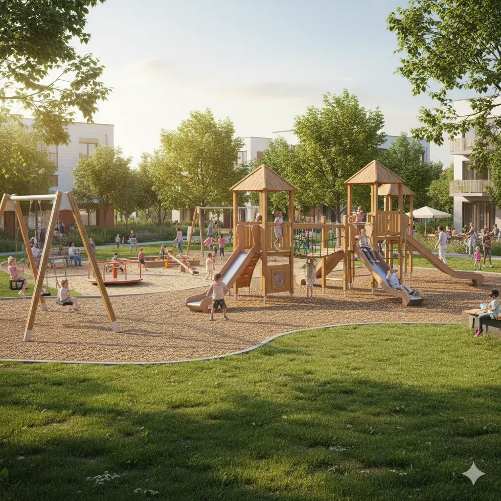 Großer Spielplatz im Park mit Schatten und Wasserspiel